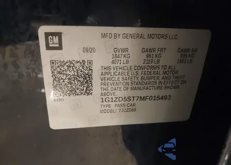 2021 Chevrolet Malibu Fwd Lt z USA, uszkodzony, nr VIN 1G1ZD5ST7MF015493